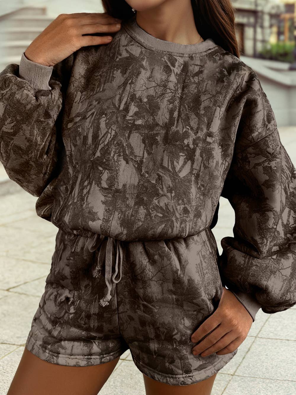 Camo Print Long Sleeve Top and Shorts Set
