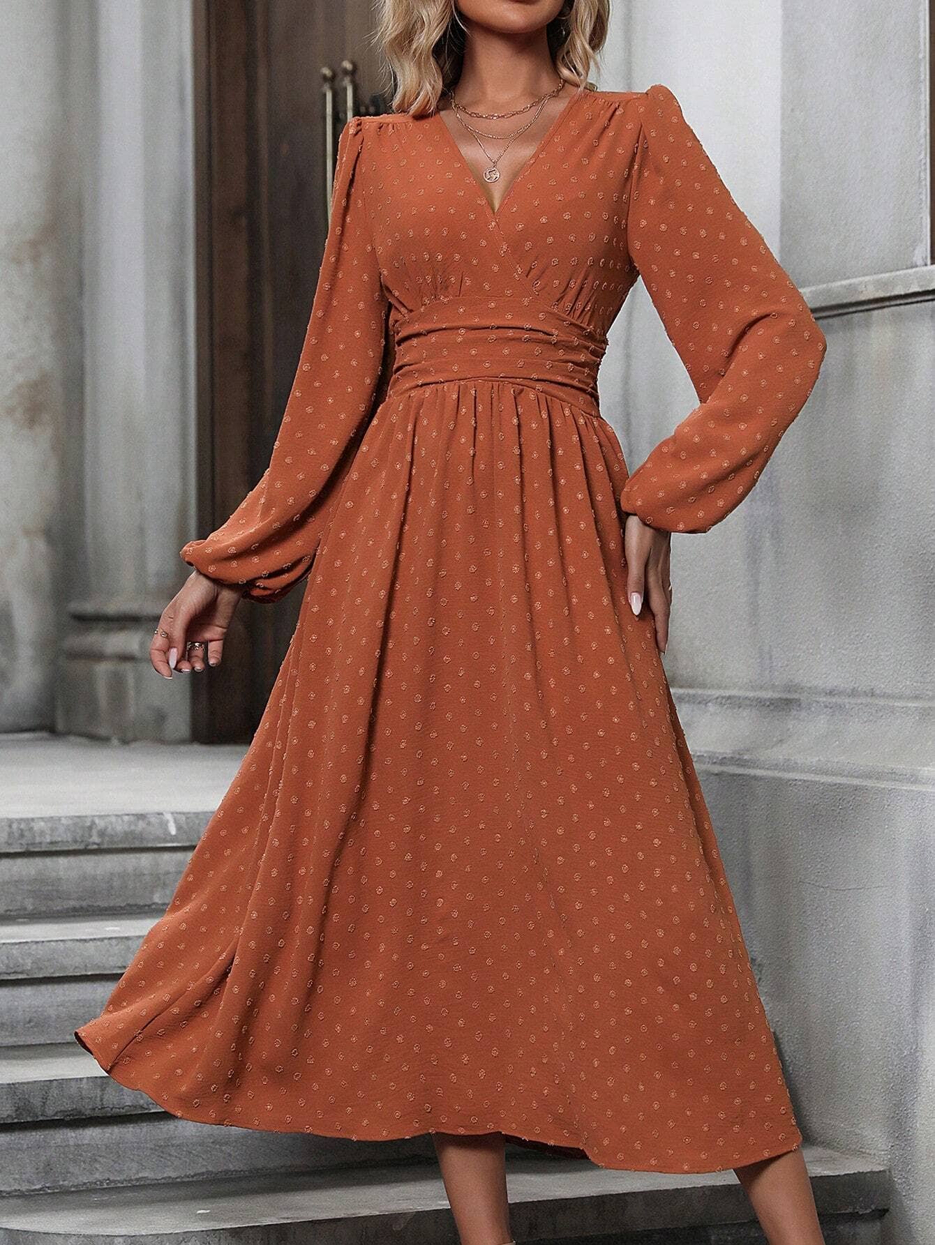 V Neck Lantern Sleeve Pleated High Waist Smocked Dress
