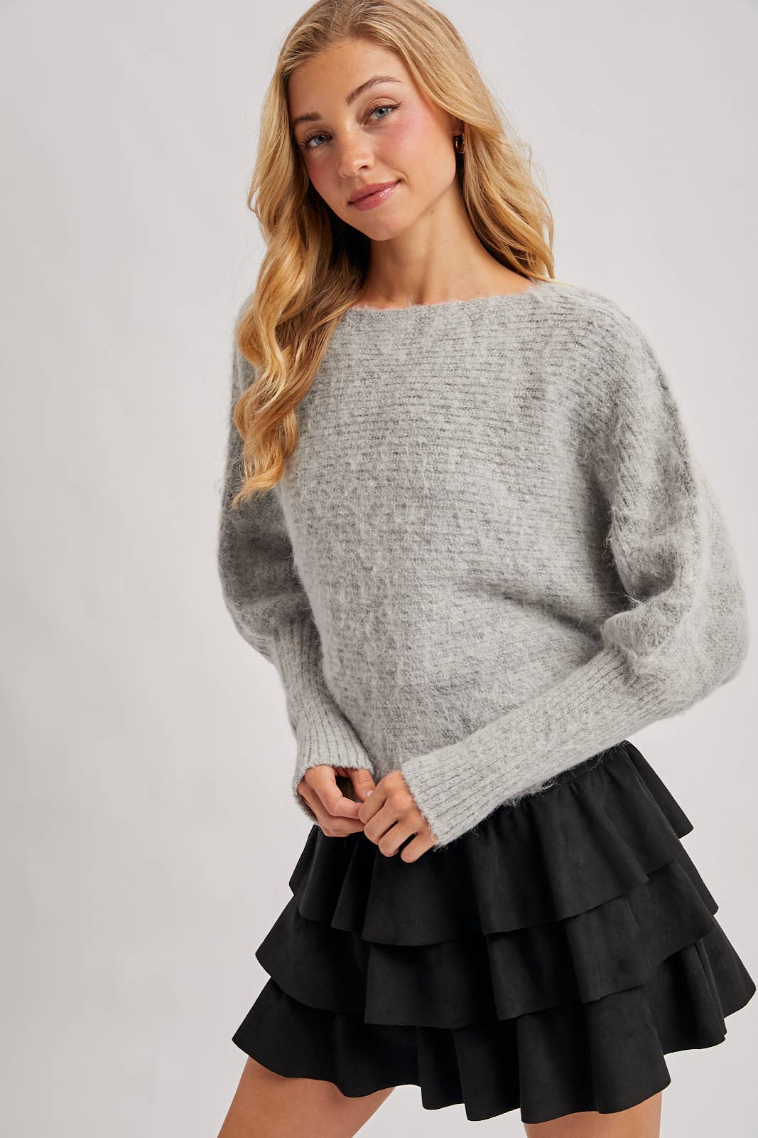 BOAT NECK BRUSHED FUZZY KNIT SWEATER