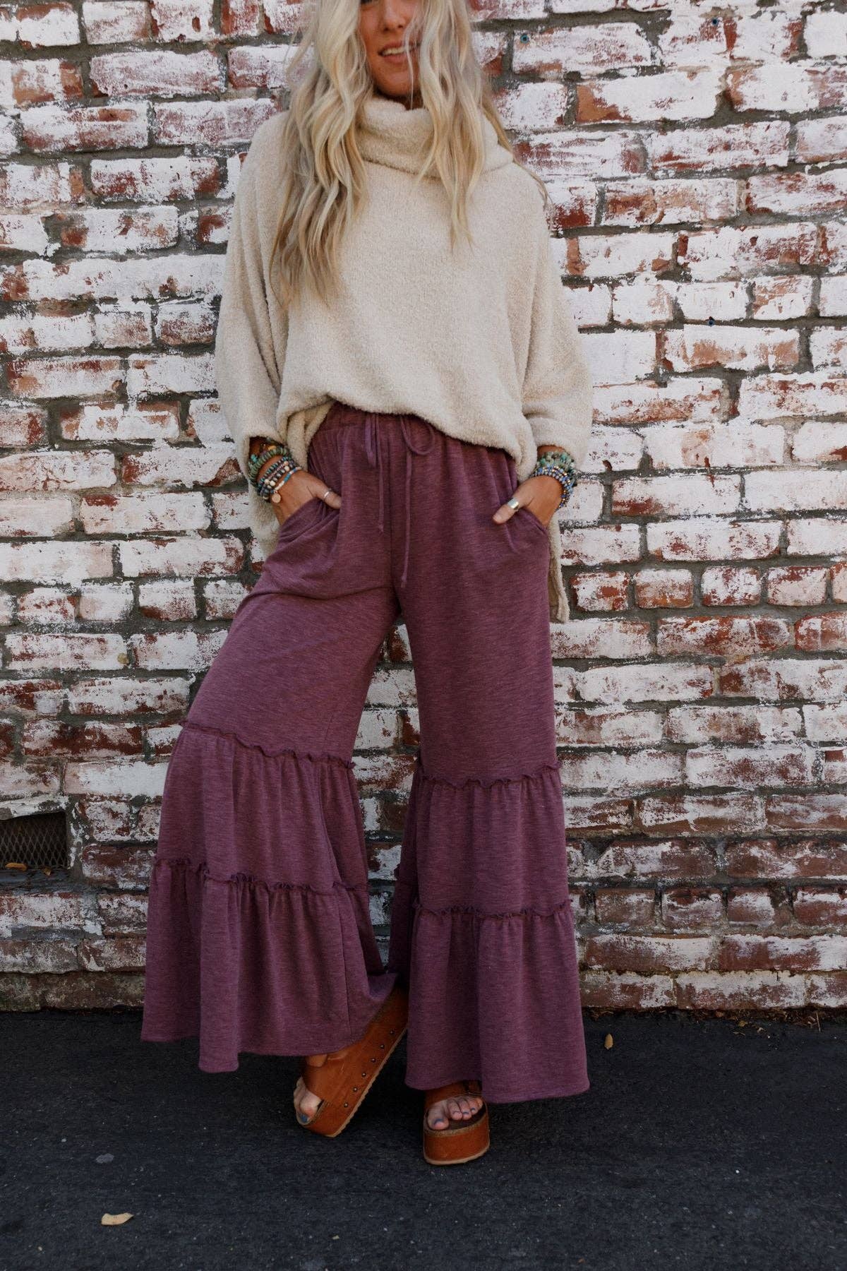 Three Bird Nest - Milla Ruffled Wide Leg Pants - Burgundy