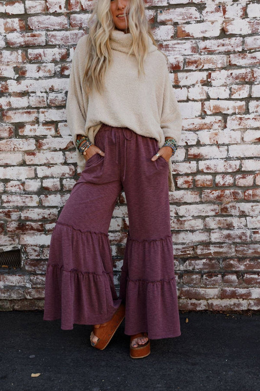 Three Bird Nest - Milla Ruffled Wide Leg Pants - Burgundy