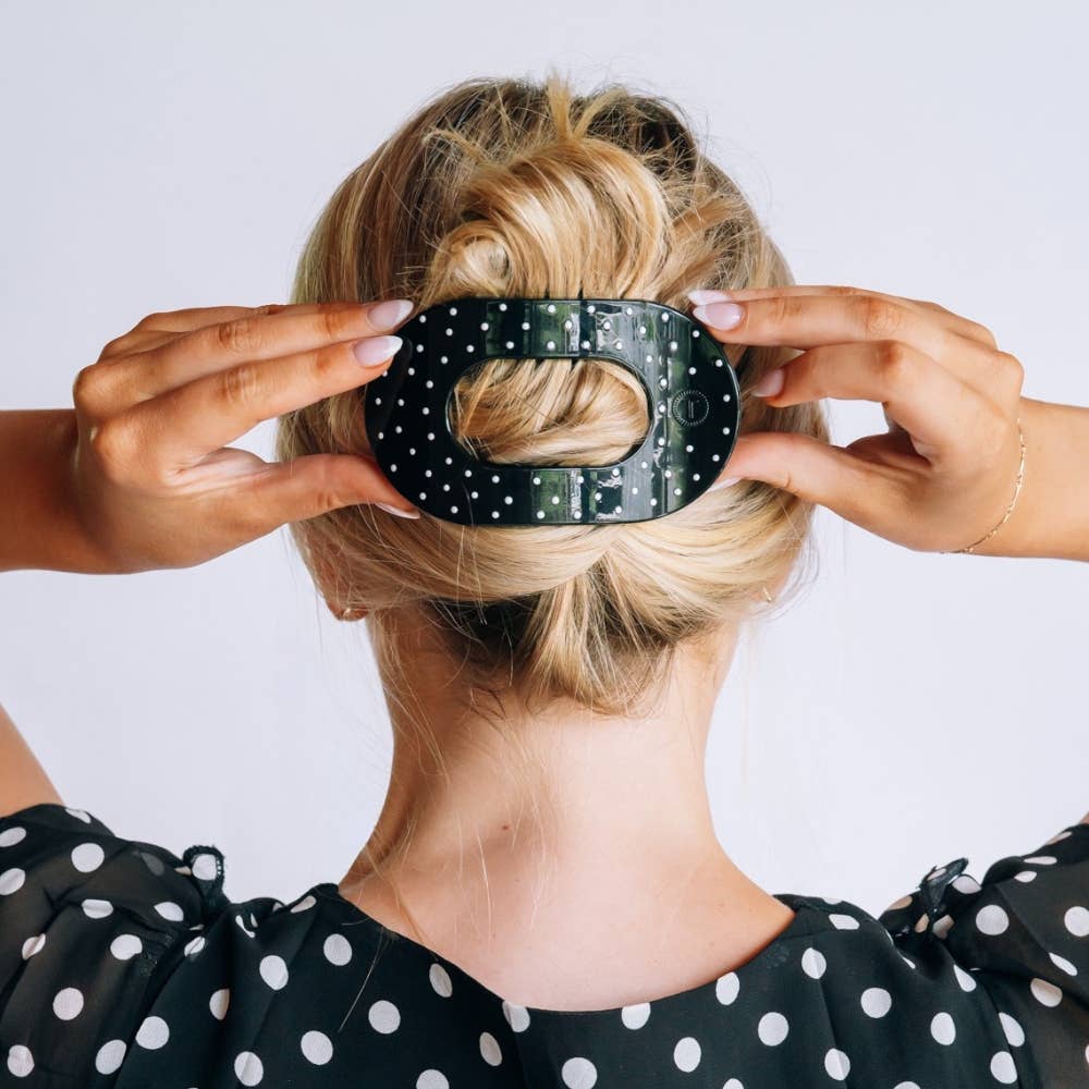 TELETIES - Black Polka Dot Party Large Flat Round Hair Clip