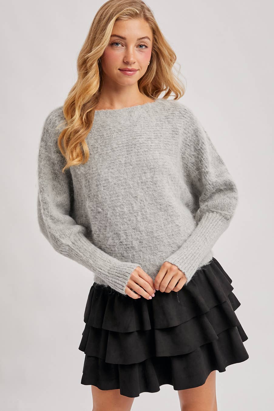 BOAT NECK BRUSHED FUZZY KNIT SWEATER