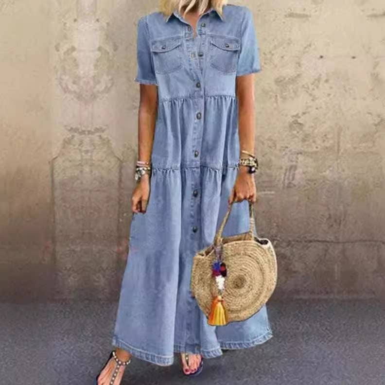 Long Denim Dress with Button Front