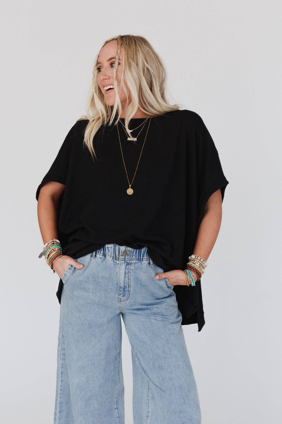 Three Bird Nest - Moon Glow Texture Knit Top - Black