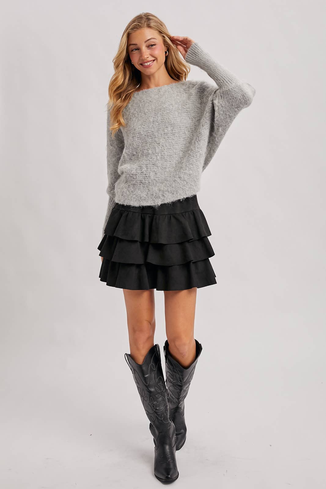 BOAT NECK BRUSHED FUZZY KNIT SWEATER