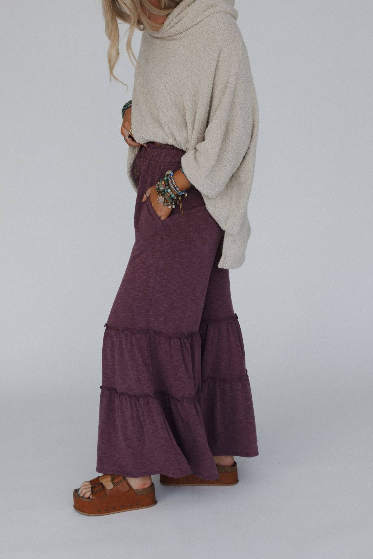Three Bird Nest - Milla Ruffled Wide Leg Pants - Burgundy