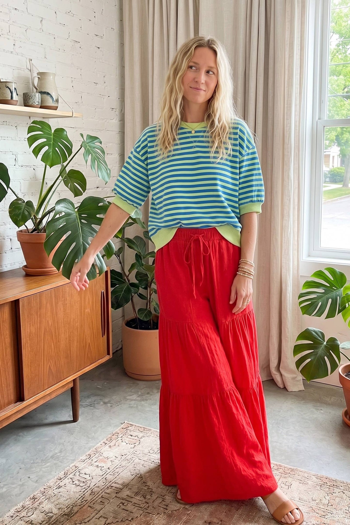 Sewn and Seen - Linen Blend Tiered Wide Leg Palazzo Full Length Pants