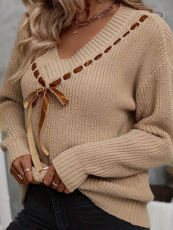 Rosa Clothing - V-Neck Ribbon Bow Lace-Up Knitted Sweater