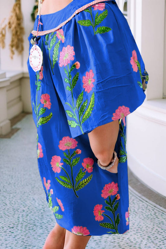Floral Short Sleeve Split Neck Mini Dress