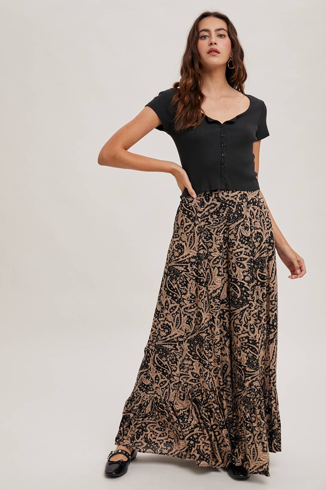 PAISLEY PRINT WIDE RUFFLED PANTS