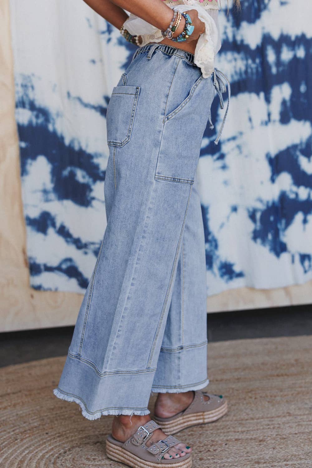 Drawstring Seam Detail Raw Hem Wide Leg Denim Pants