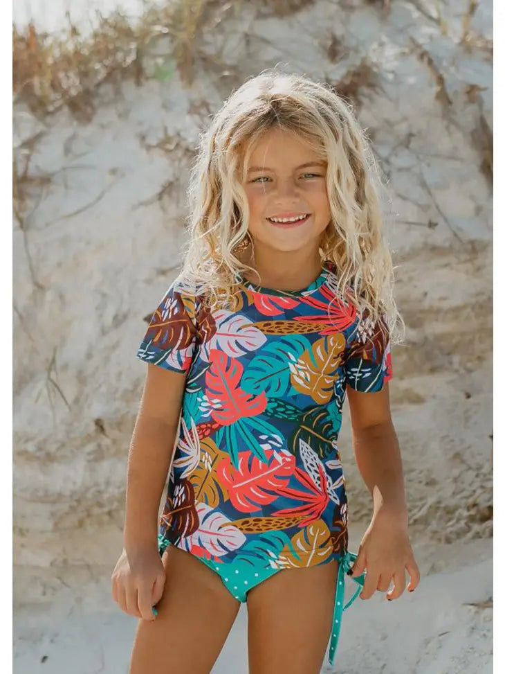 Kid's Teal Dot Tropical Rash Guard Swimsuit