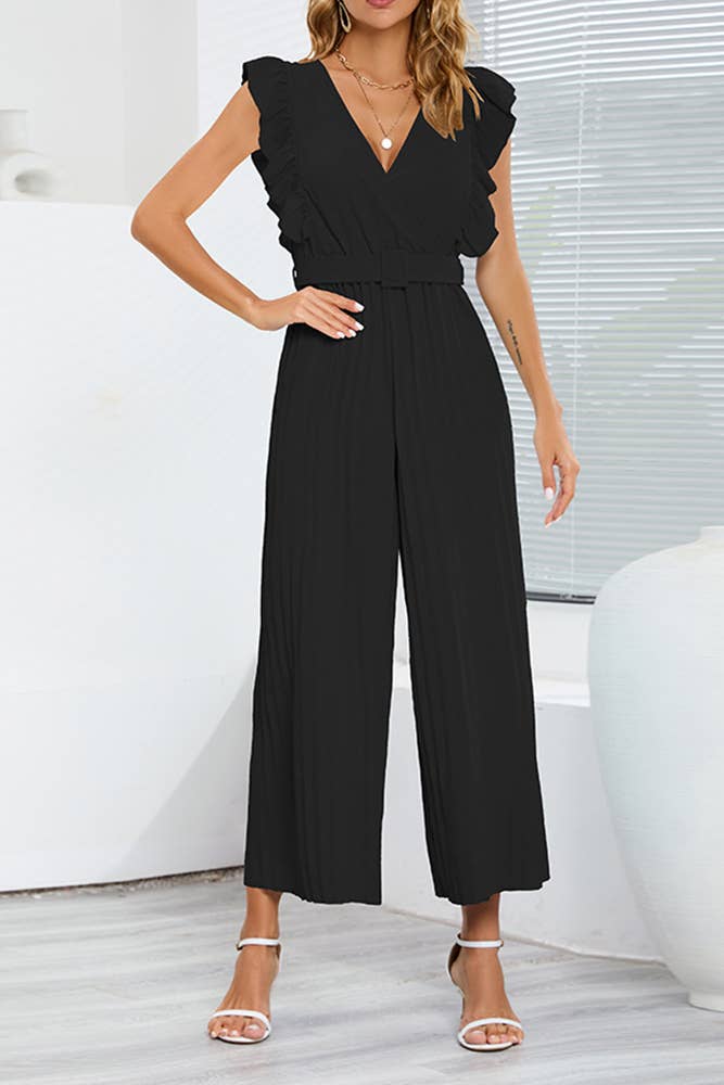 UNISHE - Sleeveless V Neck Ruffle Pleated Wide Leg Jumpsuit HYG050